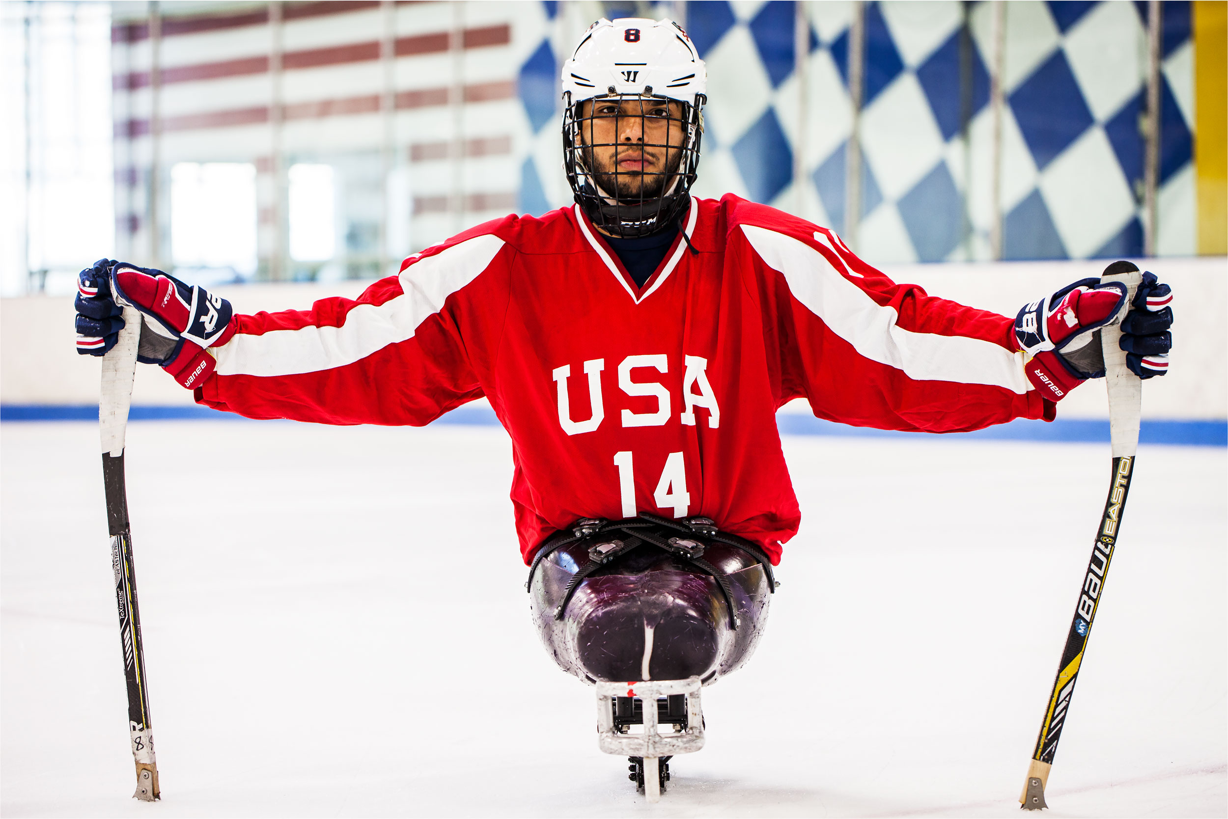 Portrait of Team USA Double-Amputee Sled-Hockey Olympic Para-Athlete Ray Diaz at Chelsea Piers, NY by Michael Weschler, photographer